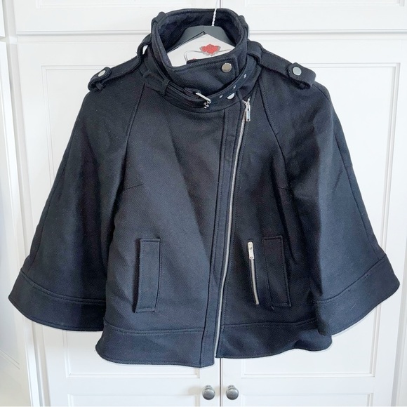 ZARA RARE BLACK COAT CAPE JACKET ASYMMETRICAL ZIP SIZE SMALL Peacoat Goth - Picture 2 of 13